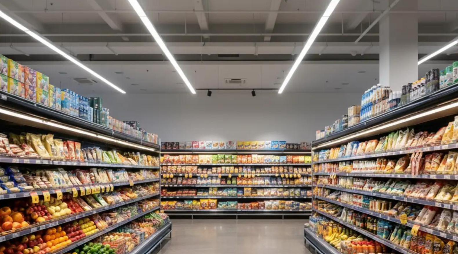 Intérieur d'un supermarché moderne avec rayonnages de produits alimentaires